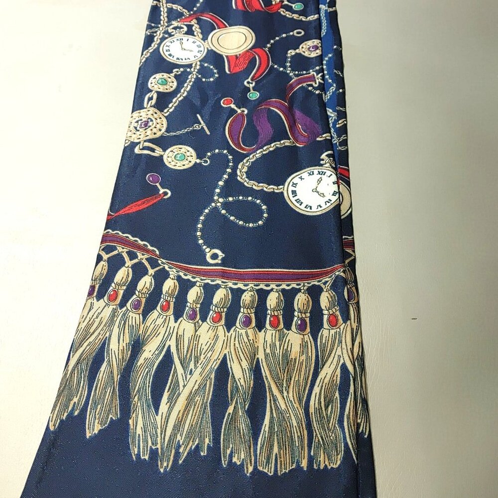 Navy Silk Scarf With Clock Tassel Print Long Rectangular Design Coat Accent